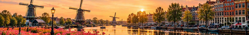 Hollandse grachtenpanden, windmolens en een Nederlandse rivier bij zonsondergang