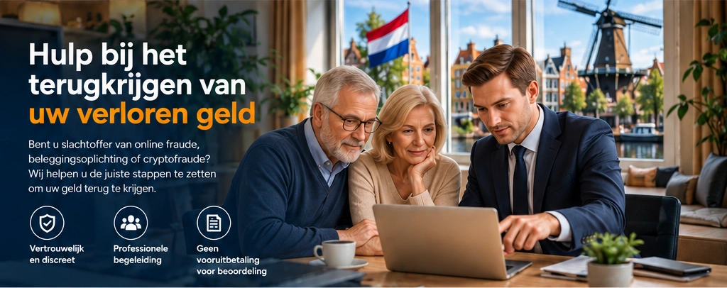 Een Nederlands echtpaar bespreekt een online fraudemelding met een professionele adviseur. Hulp bij het terugkrijgen van verloren geld.